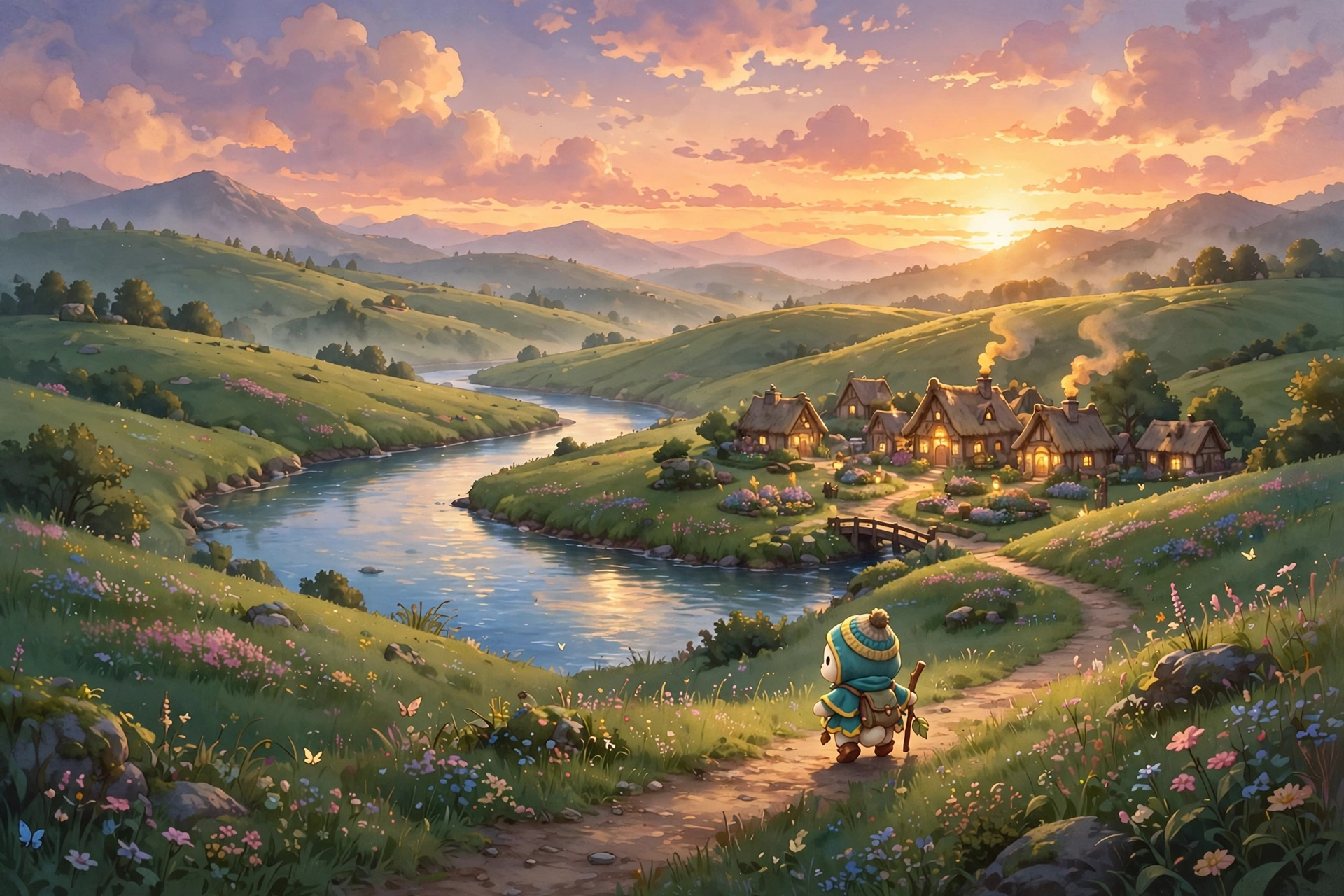 A peaceful farming game world with fields, crops and a small farmhouse